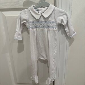 Magnolia baby smocked white and blue footie